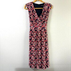 Brooks Brother Midi Dress Womens 6 Navy Red Floral Crinkle Chiffon Faux Wrap